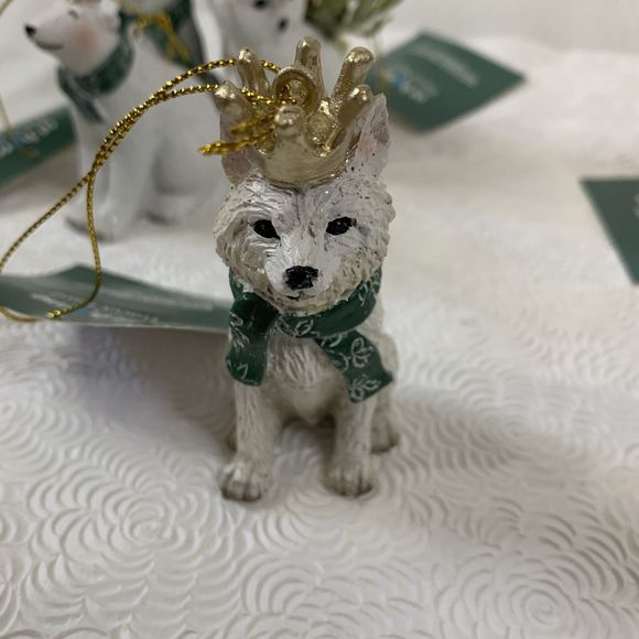 5 Christmas Tree Ornaments Fox Bear Owl with Crowns Ceramic White Green Gold Lot - Picture 12 of 16